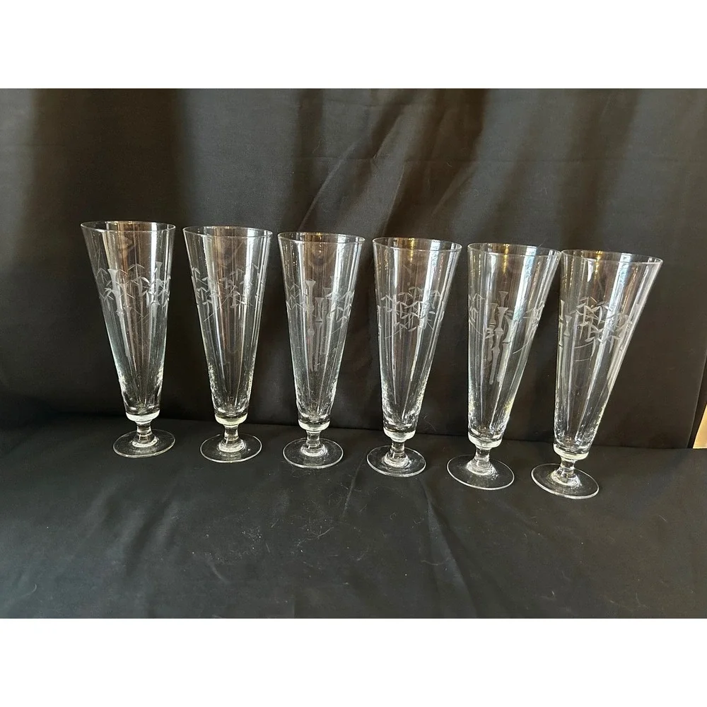Set of 6 Vintage Bamboo Etched Footed‎ Glasses Champagne Flutes Tall Pilsner MCM